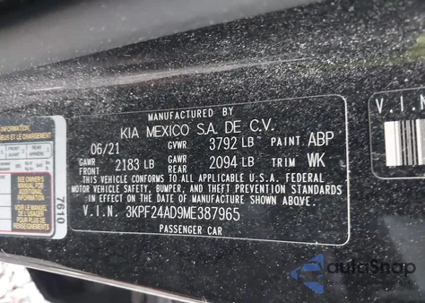 2021 Kia Forte Lxs из США, поврежденный, VIN 3KPF24AD9ME387965